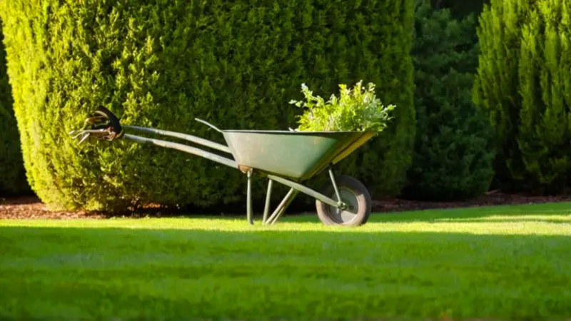 Una persona poda un árbol en el jardín