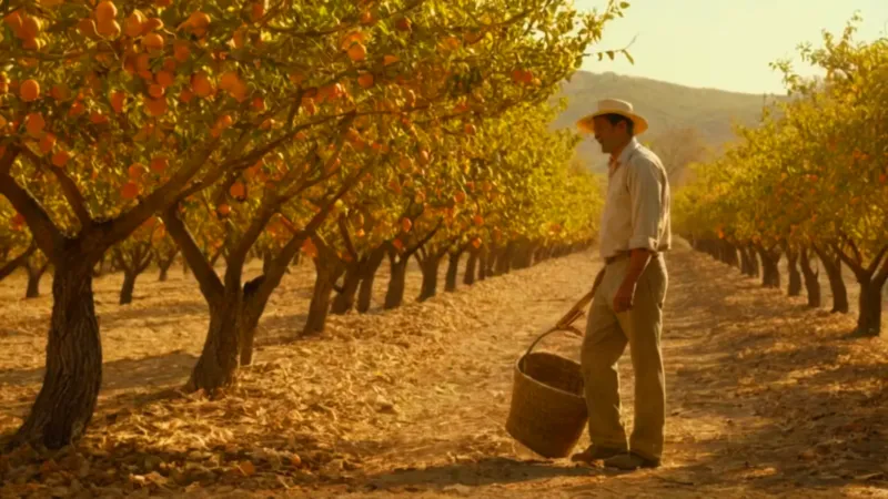 Hombre cosechando naranjas bajo el sol