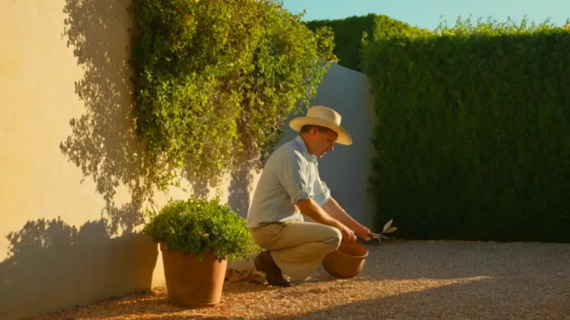 Un jardinero cuida un arbusto al sol