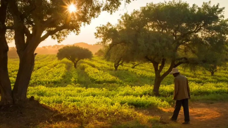 Un hombre inspecciona un huerto soleado