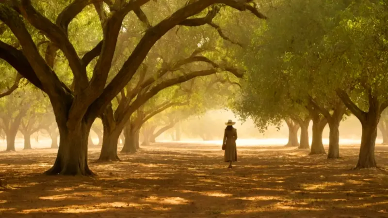 Un jardinero riega un árbol al sol