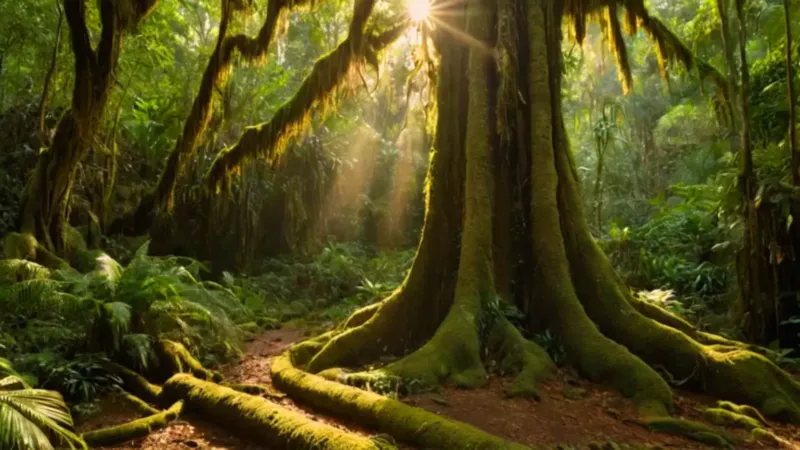 Una figura empequeñecida en la selva iluminada