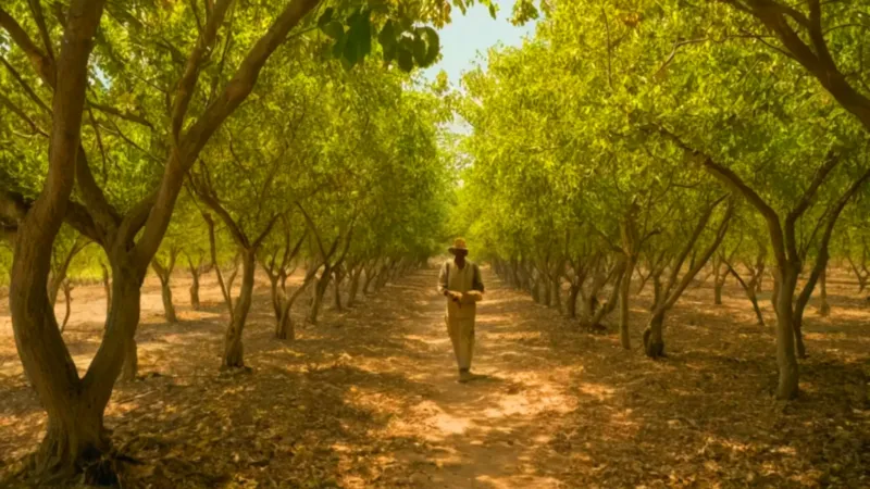 Un agricultor cosecha fruta en el huerto