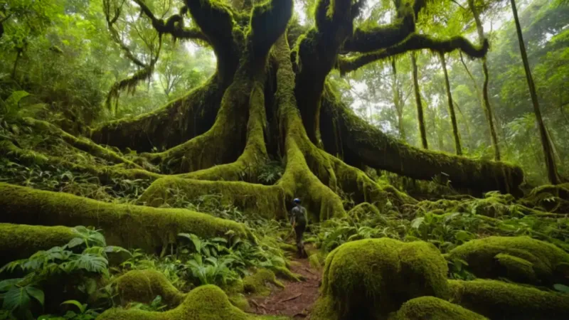 Explorador observa la densa jungla