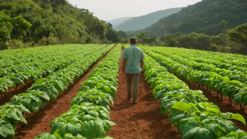 Agricultor revisa su cosecha de tomates