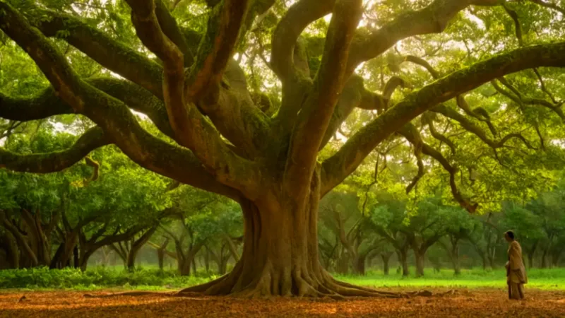 Figura solitaria entre los árboles de yaca