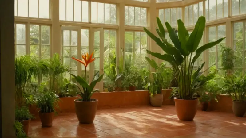 Persona riega plantas en un invernadero luminoso