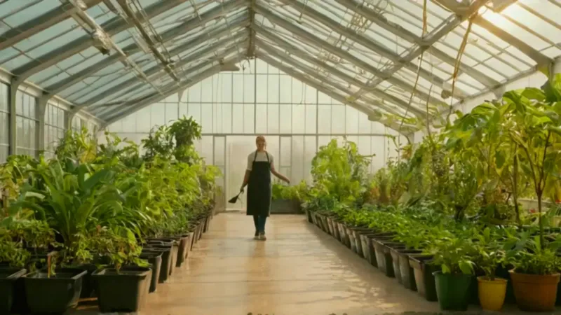 Una persona cuida plantas en un invernadero