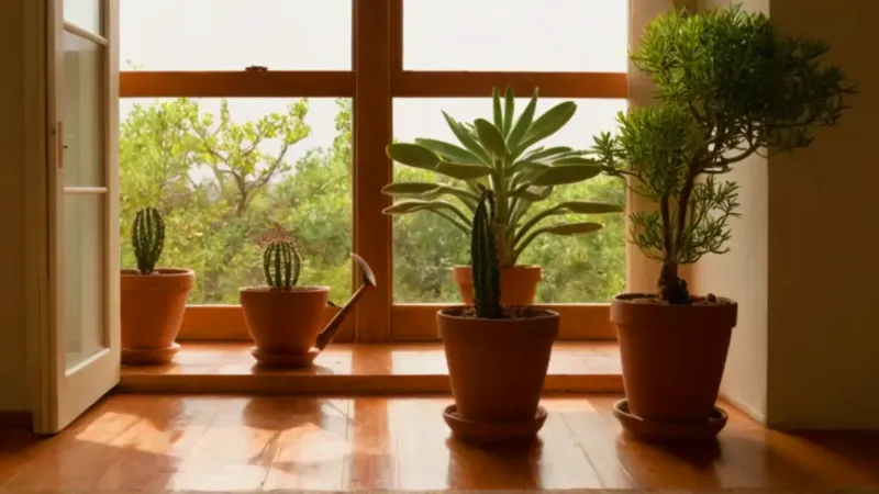 Alguien riega una planta junto a la ventana