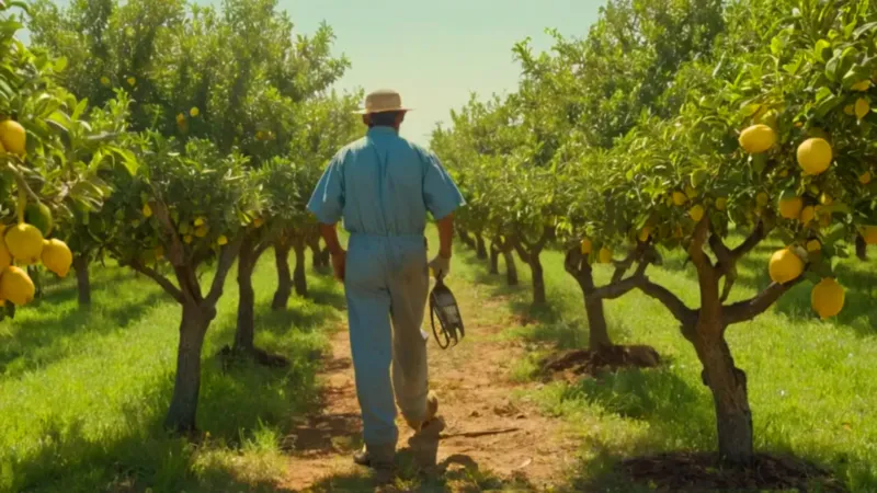 Un agricultor poda un limonero