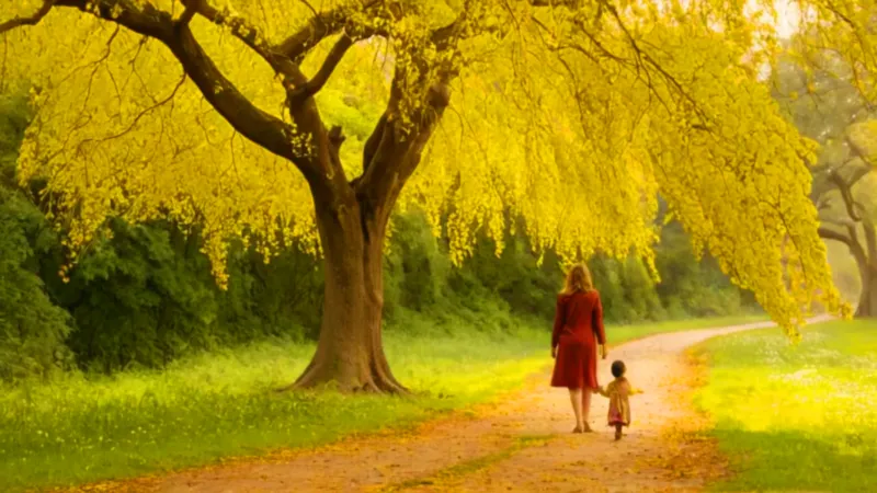 Madre e hijo admiran el árbol florido
