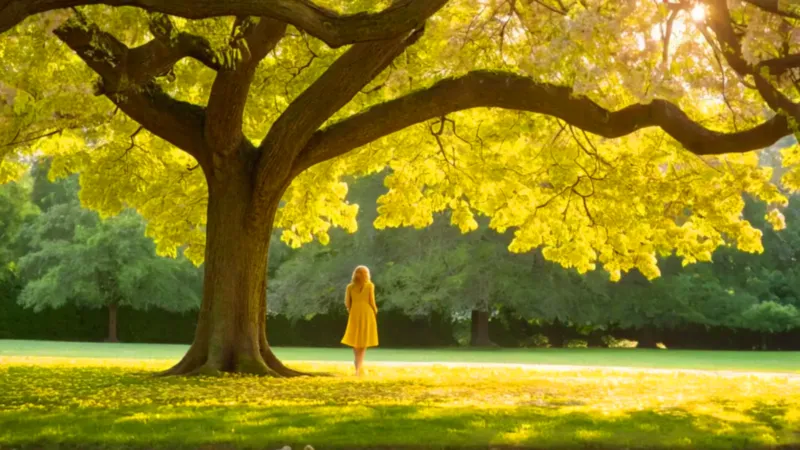 Mujer contempla un árbol de flores amarillas