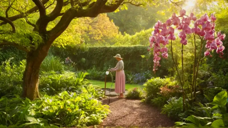 Alguien riega un árbol en el jardín