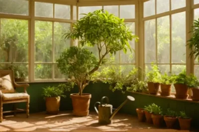 Un jardinero cuida plantas en un invernadero