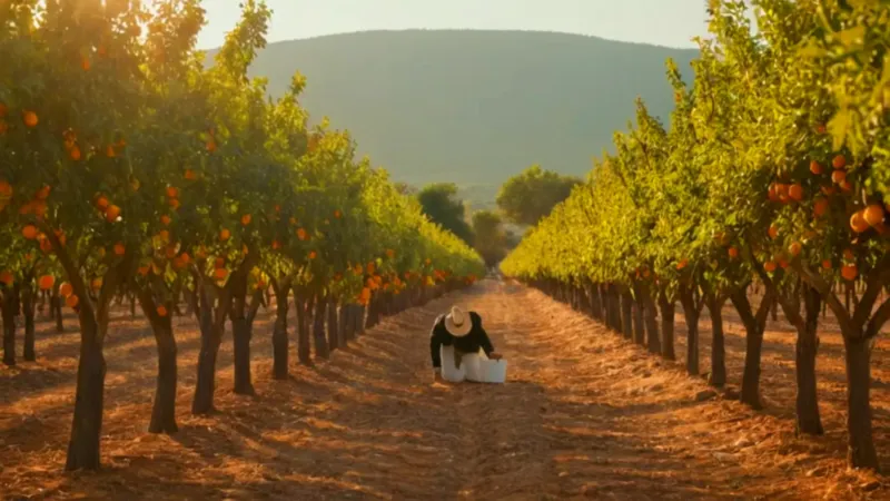 Un trabajador entre naranjos durante el atardecer