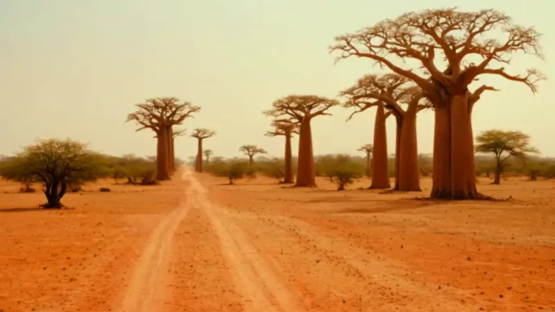 Paisaje árido de baobabs al atardecer
