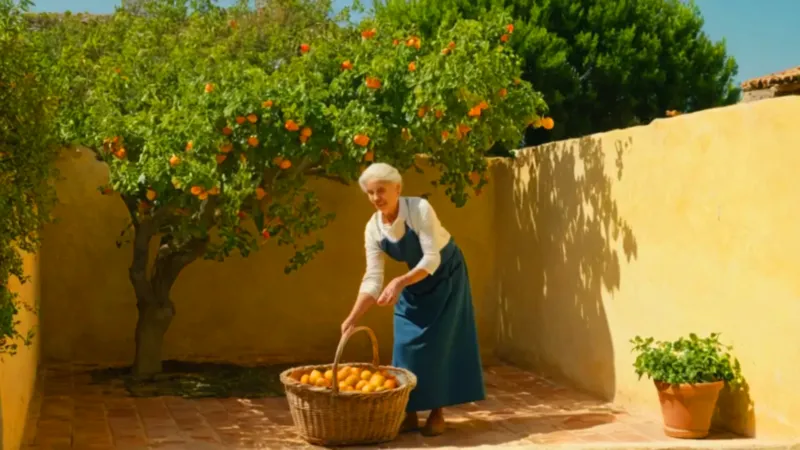 Anciana recoge naranjas en un patio soleado