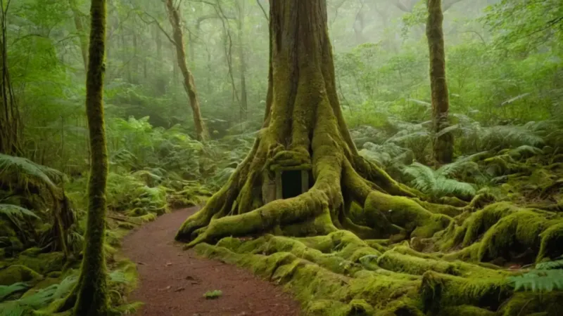 Hombre diminuto en el bosque gigante