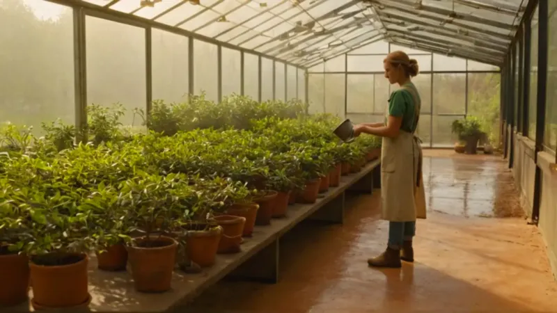 Alguien riega plantas en un invernadero