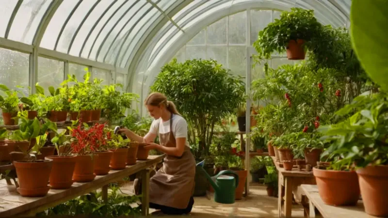 Una persona cuida plantas en un invernadero