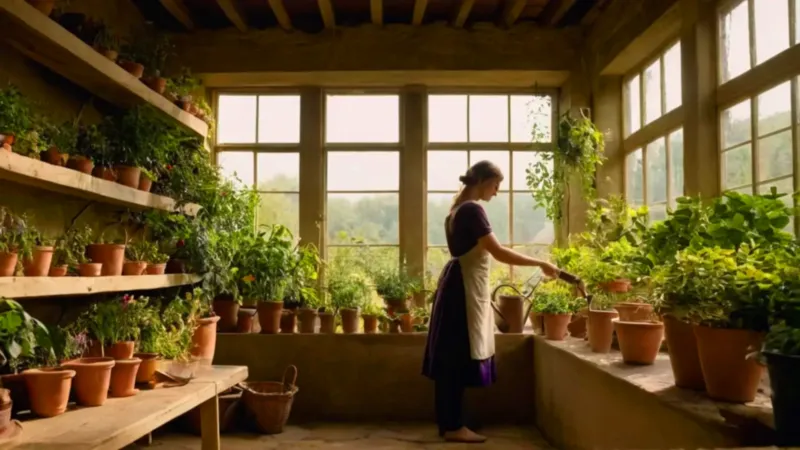 Un jardinero cuida flores en su invernadero