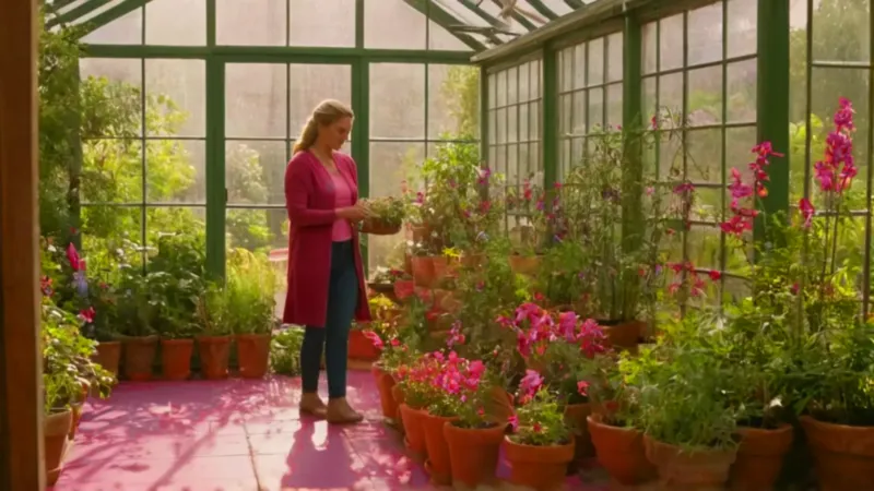 Persona cuida plantas en invernadero soleado