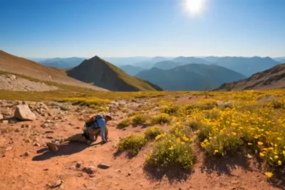 Un excursionista en la montaña al atardecer