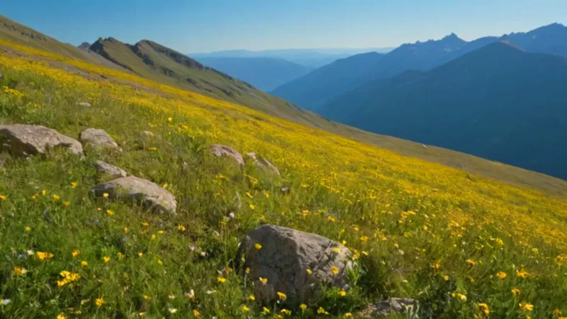 Un excursionista observa una flor alpina