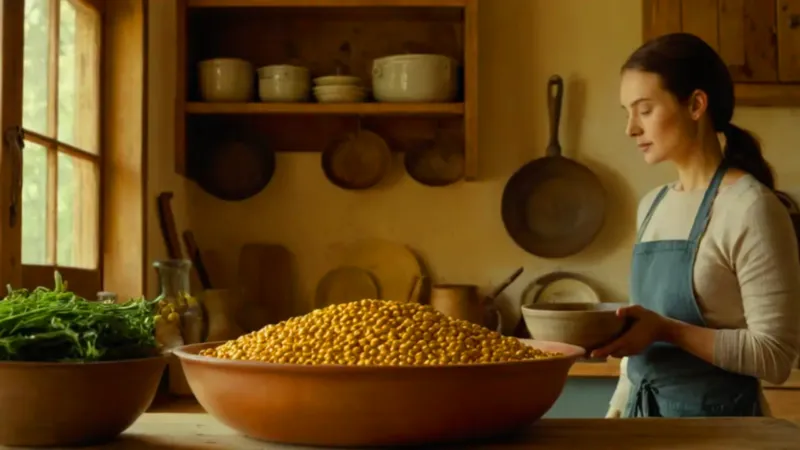 Mujer prepara guisantes en una cocina rústica