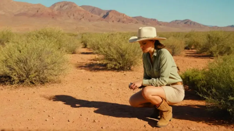 Mujer examina una planta en el desierto
