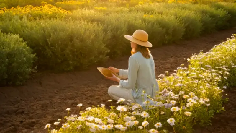 Jardinero entre flores al atardecer