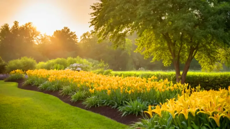 Alguien cuida lirios en un jardín soleado