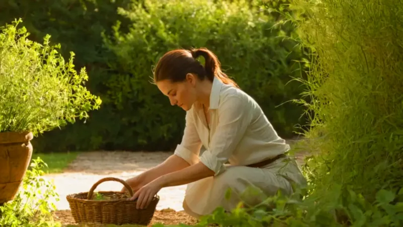 Mujer cuidando su jardín de hierbas