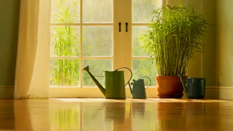 Una figura riega una planta a contraluz