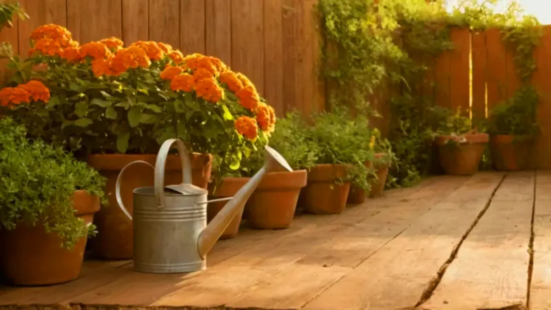 Alguien cuida plantas en un patio soleado