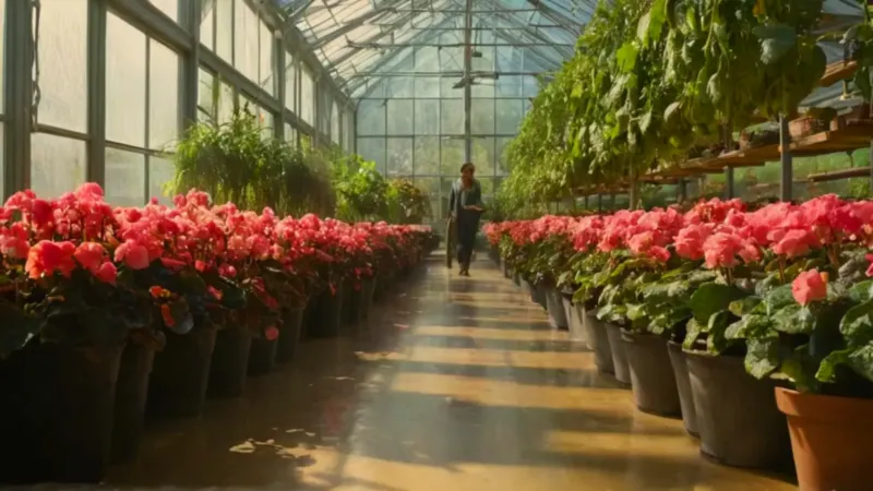 Alguien riega plantas dentro del invernadero