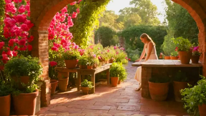Mujer arregla flores en una terraza soleada