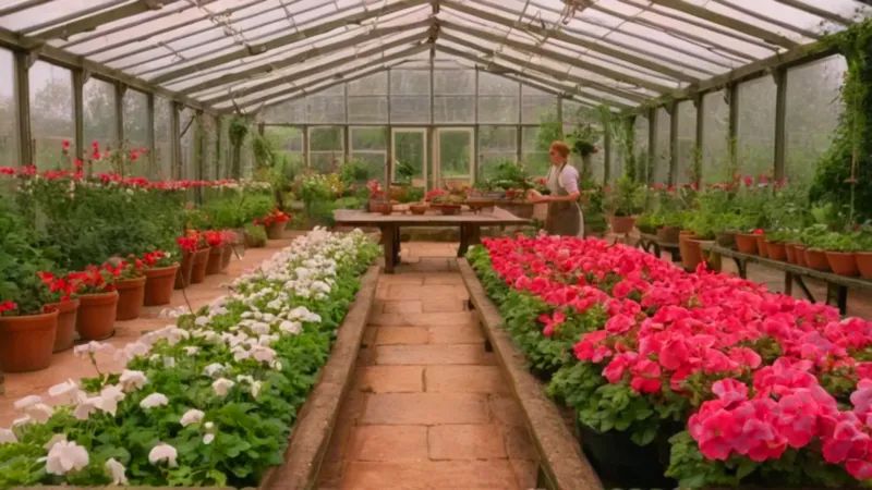 Una jardinera cuida flores en un invernadero