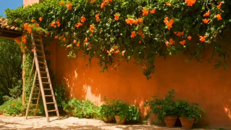 Un jardinero poda la enredadera del muro