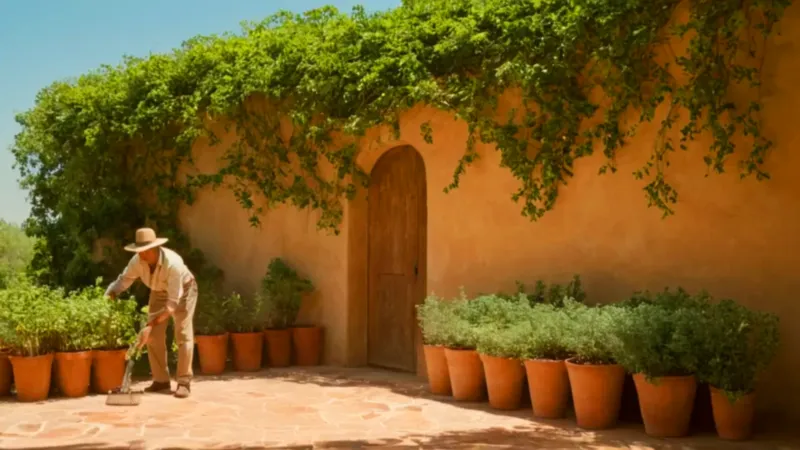 Un jardinero contempla la parra bajo el sol