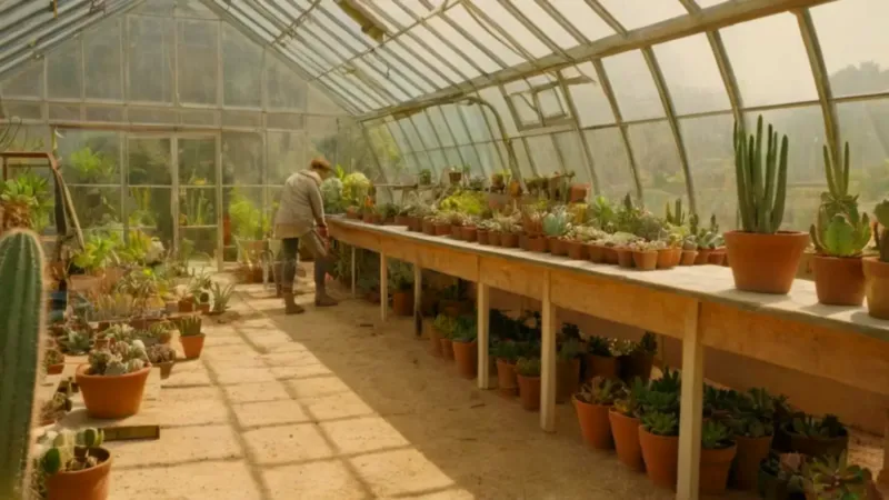 Alguien cuida cactus en un invernadero