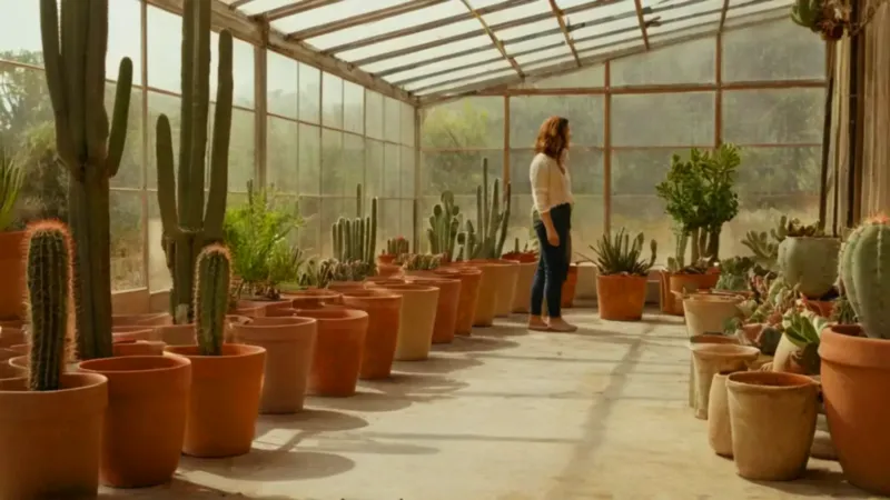 Una persona cuida plantas en un invernadero