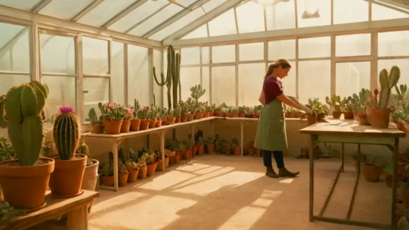 Una figura atiende cactus en un invernadero