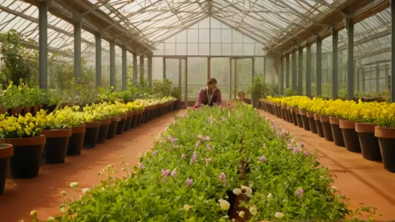 Alguien cuida flores en un invernadero