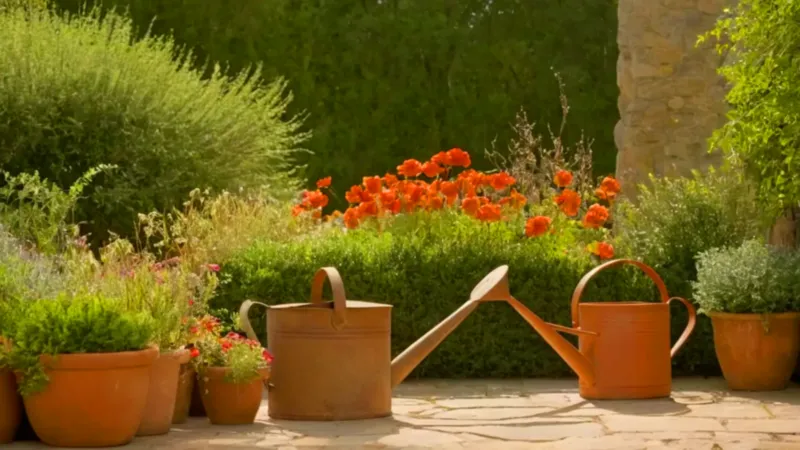 Persona cuidando el jardín al atardecer