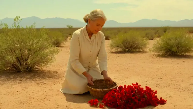 Anciana cosecha flores en tierra árida