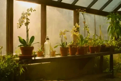 Alguien cuida una orquídea en el invernadero