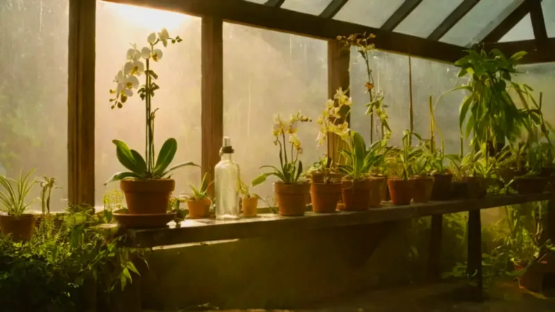 Alguien cuida una orquídea en el invernadero