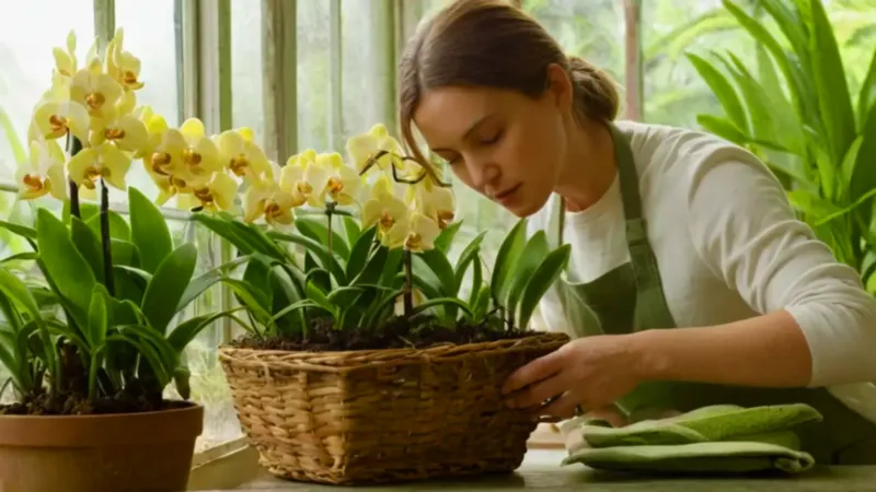 Alguien inspecciona una orquídea en un invernadero