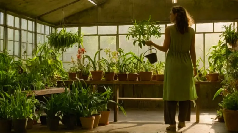 Mujer cuida plantas en un invernadero